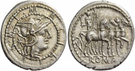 M. Acilius M. f. Denarius 130, AR 3.87 g. M·ACILIVS·M·F within double border of dots, around helmeted head of Roma r.; behind, Ú. Rev. Hercules in qua...