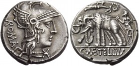 C. Caecilius Metellus Caprarius. Denarius 125, AR 3.87 g. Head of Roma r., wearing Phrygian helmet; below chin, Ú and behind, ROMA. Rev. Jupiter, crow...