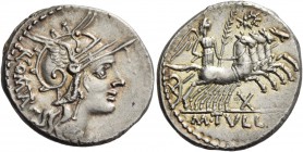 M. Tullius. Denarius 121, AR 4.00 g. Helmeted head of Roma r.; behind, ROMA. Rev. Victory in prancing quadriga r., holding palm branch; above, wreath ...