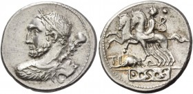 Ti. Quinctius. Denarius circa 112 or 111, AR 3.90 g. Bust of Hercules l. seen from behind, with club above r. shoulder. Rev. Desultor l.; behind, B·. ...