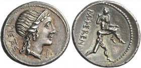 M. Herennius. Denarius 108 or 107, AR 3.95 g. PIETAS Diademed head of Pietas r.; before, I. Rev. M·HEREN[NI] One of the Catanean brothers running r., ...