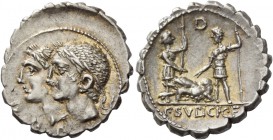 C. Sulpicius C.f. Galba. Denarius serratus 106, AR 3.89 g. D·P·P Jugate, laureate heads of Dei Penates l. Rev. Two soldiers standing facing each other...