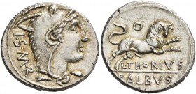 L. Thorius Balbus. Denarius 105, AR 3.87 g. Head of Juno Sospita r., wearing goat’s skin; behind, I·S·M·R. Rev. Bull charging r.; above, O and below, ...