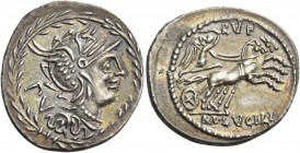 M. Lucilius Rufus. Denarius 101, AR 3.85 g. Helmeted head of Roma r.; behind, PV. All within laurel wreath. Rev. RVF Victory in biga r., holding reins...