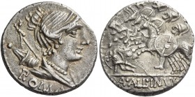 A. Postumius Albinus. Denarius 96 (?), AR 3.91 g. Diademed head of Diana r., bow and quiver on shoulder; below, ROMA. Rev. Three horsemen charging l. ...