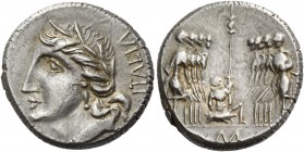 The Bellum Sociale. Denarius, Corfinium circa 90, AR 3.95 g. Laureate head of Italia l.; behind, ITALIA. Rev. Oath-taking scene: Eight soldiers, four ...