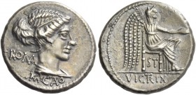 M. Cato. Denarius 89, AR 3.31 g. Diademed and draped female bust r., behind, ROMA and below neck truncation, M CATO. Rev. Victory seated r., holding p...