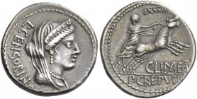 P. Crepusius, C. Limetanus and L. Censorinus. Denarius 82, AR 3.79 g. L·CENSORIN Diademed, draped, and veiled bust of Venus r., wearing earring and pe...