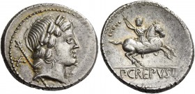 P. Crepusius. Denarius 82, AR 3.77 g. Laureate head of Jupiter Axurus r., sceptre on far shoulder; behind, X and below chin, sea turtle (?). Rev. Hors...