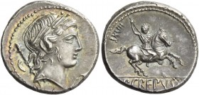 P. Crepusius. Denarius 82, AR 3.90 g. Laureate head of Apollo r., sceptre on far shoulder; below chin, poppy head with stalk. Rev. Horseman r., brandi...