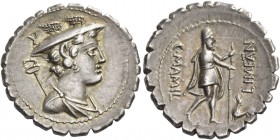 C. Mamilius Limetanus. Denarius serratus 82, AR 3.86 g. Draped bust of Mercury r., wearing winged petasus; caduceus over l. shoulder; above, A. Rev. C...