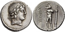 L. Marcius Censorinus. Denarius 82, AR 3.72 g. Laureate head of Apollo r. Rev. L·CENSOR Marsyas walking l. with r. arm raised and holding wine-skin ov...