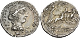 C. Annius. Denarius, North-Italy 82-81, AR 3.91 g. C·ANNI·T·F·T·N· PRO·COS·EX·S·C Diademed and draped female bust r.; behind, caduceus, before, scales...