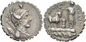 A. Postumius Albinus. Denarius serratus 81, AR 4.00 g. Draped bust of Diana r., with bow and quiver over shoulder; above head, bucranium. Rev. A·POST·...