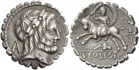 L. Volteius L. f. Strabo. Denarius serratus 81, AR 3.94 g. Laureate head of Jupiter r.; behind, A. Rev. Europa seated on bull charging l.; behind, win...