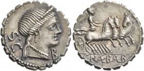 C. Naevius Balbus. Denarius serratus 80, AR 3.96 g. Diademed head of Venus r.; behind, S·C and before, B. Rev. Victory in prancing triga r.; in exergu...