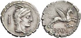 L. Papius. Denarius serratus 79, AR 3.89 g. Head of Juno Sospita r.; behind, stylus. Rev. Gryphon leaping r.; below, hand. In exergue, L·PAPI. Babelon...