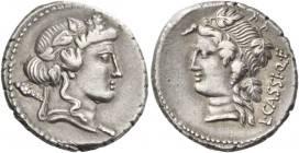 L. Cassius Q. f. Denarius 78, AR 4.01 g. Ivy-wreathed head of Liber r., with thyrsus over shoulder. Rev. L·CASSI·Q·F Vine-wreathed head of Liber l. Ba...