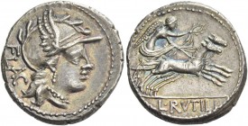 L. Rutilius Flaccus. Denarius 77, AR 4.02 g. FLAC Helmeted head of Roma r. Rev. Victory in biga r., holding reins and wreath; in exergue, L·RVTILI. Ba...