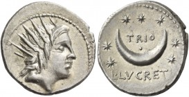 L. Lucretius Trio. Denarius 76, AR 3.86 g. Radiate head of Sol r. Rev. TRIO within crescent; around, seven stars and below, L·LVCRETI. Babelon Lucreti...