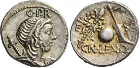Cn. Cornelius Lentulus. Denarius, Spain (?) 76-75, AR 3.90 g. Draped bust of the Genius Populi Romani r., hair tied with band and sceptre over shoulde...