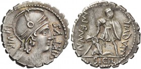 Mn. Aquillius. Denarius serratus 71, AR 3.81 g. VIRTVS – III VIR Helmeted and draped bust of Virtus r. Rev. MN AQVIL – MN·F MN·N Warrior, holding shie...