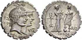 Q. Fufius Calenus and Mucius Cordus. Denarius serratus 70, AR 4.15 g. Jugate heads of Honos and Virtus r.; in l. field, HO and in r. field, VIRT. Belo...