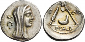 P. Sulpicius Galba. Denarius 69, AR 3.81 g. Veiled and diademed head of Vesta r.; behind, S·C. Rev. AED – CVR Knife, culullus and axe. In exergue, P·G...