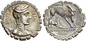 C. Hosidius C.f. Geta. Denarius serratus 68, AR 3.77 g. GETA – III·VIR Draped bust of Diana r., with bow and quiver over shoulder. Rev. Boar r. wounde...