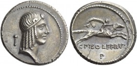 C. Calpurnius L.f. Frugi. Denarius 67, AR 3.93 g. Laureate head of Apollo r.; behind, ball-peen hammer. Rev. Horseman galloping r., holding branch; be...