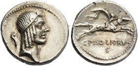 C. Calpurnius L.f. Frugi. Denarius 67, AR 4.05 g. Head of Apollo r., hair bound with fillet; behind, curled feather. Rev. Horseman galloping r.; below...
