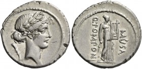 Q. Pomponius Musa. Denarius 66, AR 3.78 g. Laureate head of Apollo r.; behind, flower. Rev. Q·POMPONI – MVSA Terpsichore standing r., holding square l...