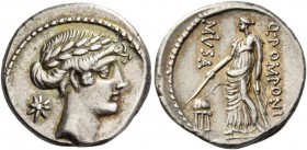 Q. Pomponius Musa. Denarius 66, AR 3.76 g. Laureate head of Apollo r.; behind, star. Rev. Q·POMPONI – MVSA Urania standing l., holding rod which she p...