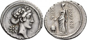 Q. Pomponius Musa. Denarius 66, AR 3.93 g. Laureate head of Apollo r.; behind, star. Rev. Q·POMPONI – MVSA Urania standing l., holding rod which she p...