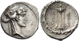 L. Manlius Torquatus. Denarius 65, AR 3.72 g. Ivy-wreathed head of Sybil r.; below neck truncation, [SIBYLLA]. Rev. L·TORQVAT / III·VIR Tripod on whic...