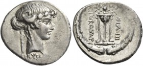 L. Manlius Torquatus. Denarius 65, AR 3.92 g. Ivy-wreathed head of Sybil r.; below neck truncation, SIBYLLA. Rev. L·TORQVAT / III·VIR Tripod on which ...