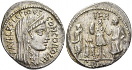 L. Furius Cn. f. Brocchus. Denarius 62, AR 4.03 g. PAVLLVS LEPIDVS – CONCORDIA Diademed and draped bust of Concordia r. Rev. Trophy; to r., togate fig...
