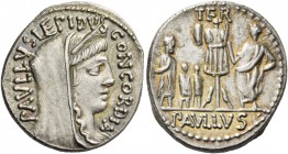 L. Aemilius Lepidus Paullus. Denarius 62, AR 3.92 g. PAVLLVS LEPIDVS – CONCORDIA Diademed and draped bust of Concordia r. Rev. Trophy; to r., togate f...