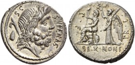 N. Nonius Sufenas. Denarius 59, AR 4.09 g. SVFENAS – S·C Head of Saturn r.; in l. field, harpa and conical stone. Rev. PR·L·V·P·F Roma seated l. on pi...