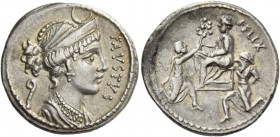 Faustus Cornelius Sulla. Denarius 56, AR 3.97 g. FAVSTVS Diademed and draped bust of Diana r.; above, crescent and behind, lituus. Rev. FELIX Sulla se...
