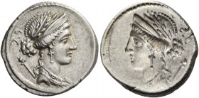 Brockage Denarius circa 56, AR 3.81 g. Laureate, diademed and draped bust of Venus r.; behind, sceptre. Above, S·C. Rev. The same type incuse. Babelon...
