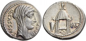 Q. Cassius Longinus. Denarius 55, AR 4.11 g. Q·CASSIVS – VEST Veiled head of Libertas r. Rev. Temple of Vesta with curule chair inside; in l. field, u...
