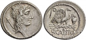 Q. Cassius Longinus. Denarius 55, AR 3.53 g. Head of Genius Populi Romani r.; sceptre over shoulder. Rev. Eagle on thunderbolt r.; in l. field, lituus...