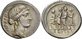 M. Iunius Brutus. Denarius 54, AR 4.00 g. LIBERTAS Head of Libertas r. Rev. The consul L. Junius Brutus walking l. between two lectors preceded by an ...