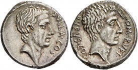 Q. Pompeius Rufus. Denarius 54, AR 4.11 g. SVLLA·COS Head of Sulla r. Rev. Q·POM·RVFI Head of Q. Pompeius Rufus r.; behind, RVFVS·COS. Babelon Corneli...