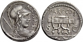 M. Valerius Messalla. Denarius 53, AR 4.07 g. MESSAL·F Helmeted bust of Roma r., wearing Corinthian helmet and spear over shoulder. Rev. PATRE·COS Cur...