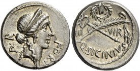 Q. Sicinius. Denarius 49, AR 4.09 g. FORT – P·R Diademed head of Fortuna Populi Romani r. Rev. Palm branch tied with fillet and winged caduceus in sal...