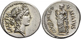 Mn. Acilius Glabrio. Denarius 49, AR 3.95 g. SALVTIS (upwards) Laureate head of Salus r. Rev. MN·ACILIVS – III·VIR·VALETV Valetudo standing l., restin...
