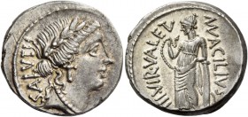 Mn. Acilius Glabrio. Denarius 49, AR 3.97 g. SALVTIS (upwards) Laureate head of Salus r. Rev. MN·ACILIVS – III·VIR·VALETV Valetudo standing l., restin...