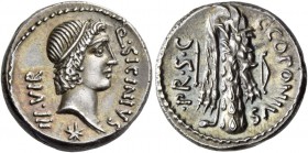 Q. Sicinius and C. Coponius. Denarius, mint moving with Pompey 49, AR 3.89 g. Q·SICINIVS – III·VIR Head of Apollo r., hair tied with band; below, star...